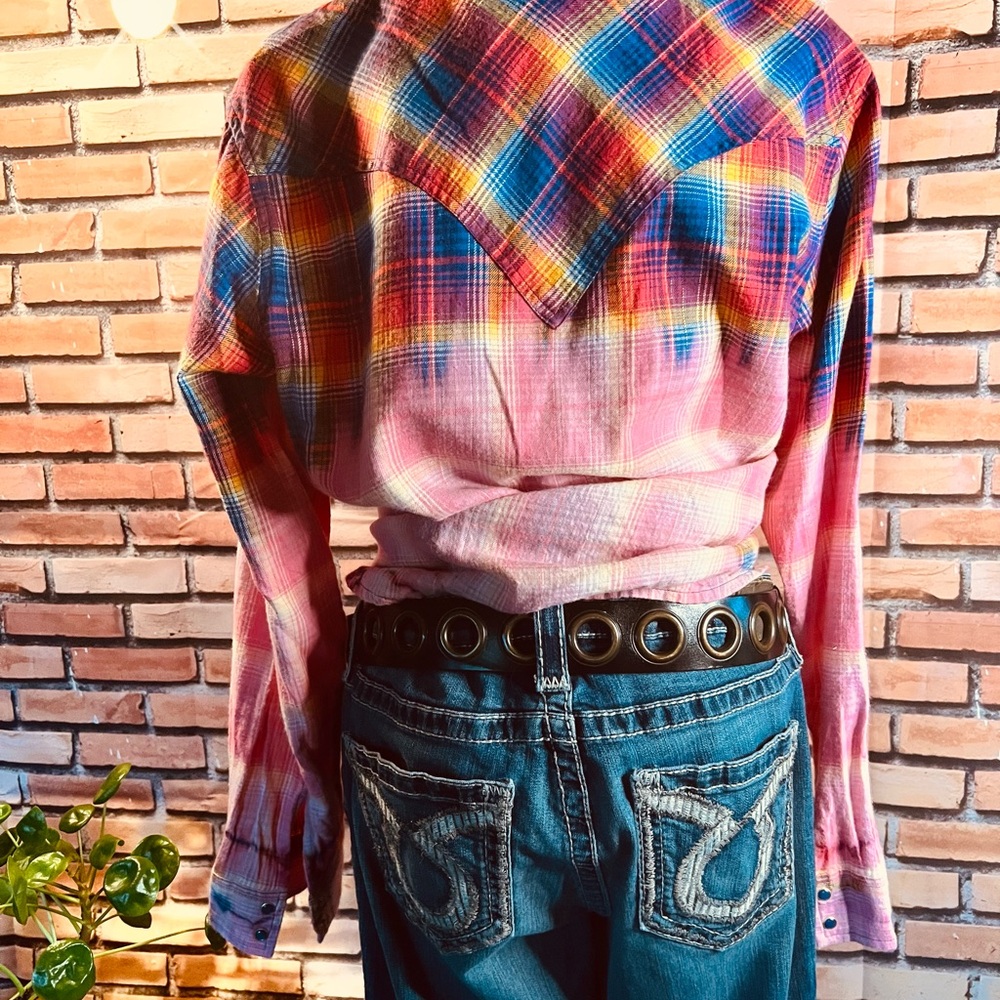 👚 🤠 Wrangler Western Plaid Shirt L – Snap Pearl Buttons, Subtle Lurex Shine / A - Picture 3 of 6